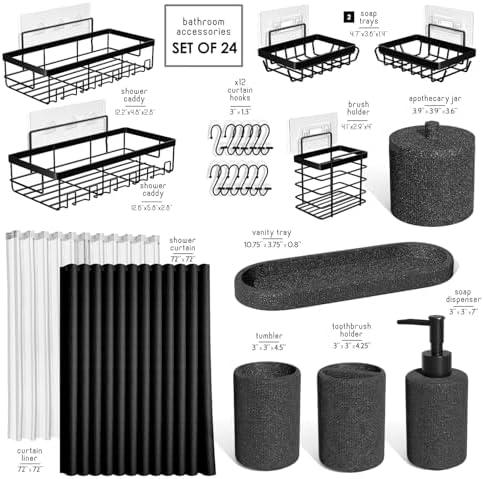 Clara Clark Bathroom Set - Coal Black Bathroom Accessories Set, 24PC Bathroom Accessory Set, Bathroom Sets with Shower Curtain Set, Adhesive Corner Shower Caddy Hanging & Soap Dispenser