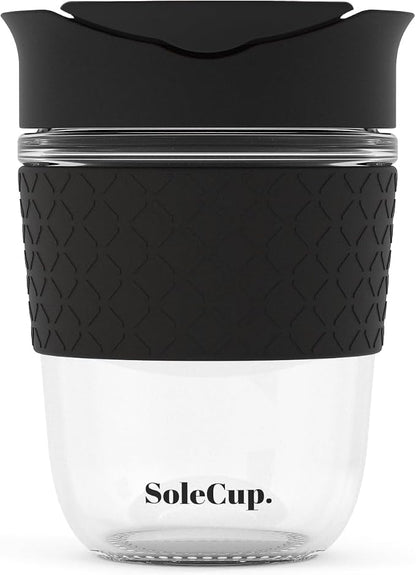Reusable Strengthened Glass Travel Cup - Spill Proof Coffee Mug - 12oz/340ml BPA-Free Hot Drink Travel Mug with Lid & Silicone Band (Black, 12oz)