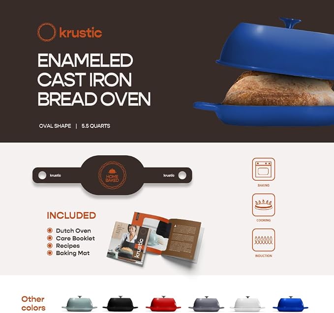 Krustic Enameled Cast Iron Dutch Oven for Professional Sourdough Bread Baking | 5.5 Quart Loaf Size Oval Cookware Pot with Lid | Triple-Layer Enamel Coating Pan with Non Stick Silicone Mat | Blue