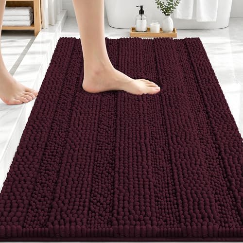 OLANLY Thick Bathroom Rugs 30x20, Chenille Striped Bath Rugs, Black Cherry