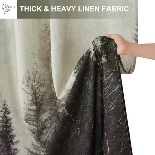 ORTIGIA Dark Green Misty Forest Linen Shower Curtain Nature Mountain Tree Woodland Shower Curtain Set for Bathroom Heavy Blend Fabric Curtains with 12 Metal Hooks 72x72 Inch