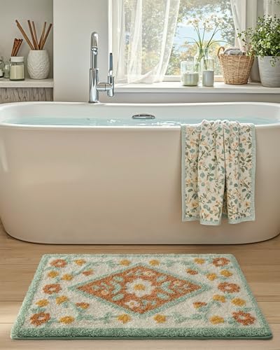 DEXI Boho Floral Bathroom Rug 36x24, Diamond Green Leaf Bath Mats Non Slip