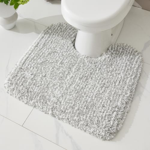 ILANGO Grey and White Toilet Rugs U Shaped 22" × 24" Non Slip & Super Absorbent Extra Thick Soft, Washable Bath Mats for Bathroom Floor, Microfiber Plush Shaggy Contour Bath Rugs for Toilet,Dry Quick