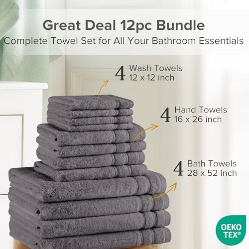 Comfort Spaces 12 Pc Towel Set, 100% Cotton Zero Twist, Dark Grey
