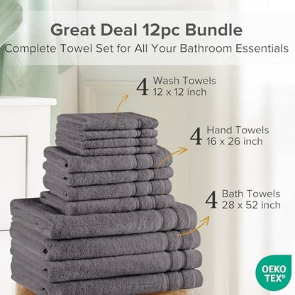 Comfort Spaces 12 Pc Towel Set, 100% Cotton Zero Twist, Dark Grey