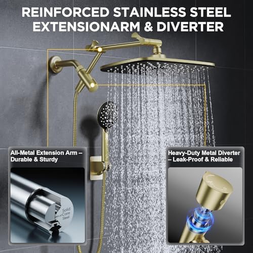 Veken Gold 11.8" High Pressure Shower Head with Handheld, Leak-Proof Design