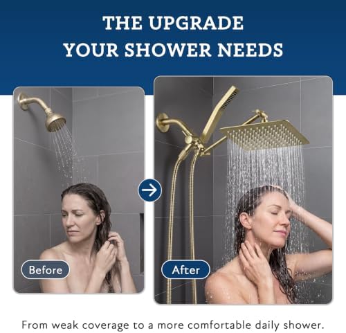 G-Promise All Metal 8-Inch Dual Square Shower Head Combo, Rain Shower Head, Handheld Shower Wand with 71-Inch Extra Long Hose, 3-Way Diverter, Adjustable Extension Arm, Brushed Gold