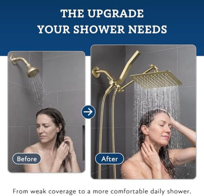 G-Promise All Metal 8-Inch Dual Square Shower Head Combo, Rain Shower Head, Handheld Shower Wand with 71-Inch Extra Long Hose, 3-Way Diverter, Adjustable Extension Arm, Brushed Gold