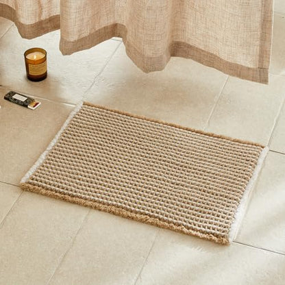 TYUU Waffle Bath Mat, Small Boho Bathroom Rugs Non Slip 24x16 Khaki & White