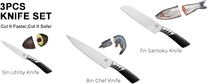 CHUSHIJI Kitchen Knife Set 3 Piece | Professional Chef Knife Set with 8" Chef Knife, 7" Santoku Knife, 5" Utility Knife | High Carbon Stainless Steel Sharp Kitchen Knives for Home Cooking & Gifting