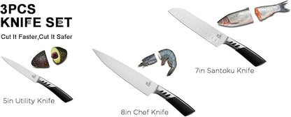 CHUSHIJI Kitchen Knife Set 3 Piece | Professional Chef Knife Set with 8" Chef Knife, 7" Santoku Knife, 5" Utility Knife | High Carbon Stainless Steel Sharp Kitchen Knives for Home Cooking & Gifting