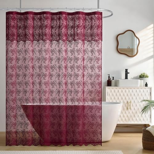 TUDECO Lace Burgundy Shower Curtain with Attached Valance, 72 x 72 Inch