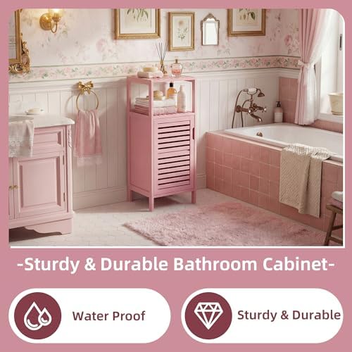 HITNET Small Bathroom Storage Cabinet, Bamboo Floor Cabinet Single Door, Freestanding Narrow Side Organizer for Living Room Hallway Entryway, Pink