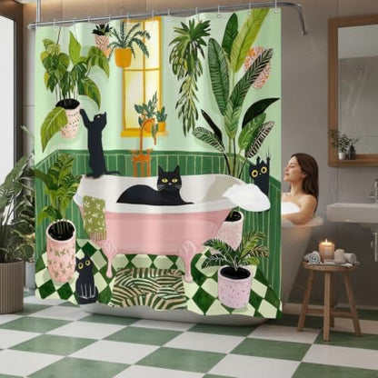 Funny Cat Shower Curtain for Bathroom Green 72x72 Inch