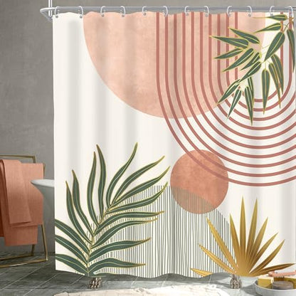 Mid Century Pink Green Boho Abstract Modern Bathroom Shower Curtain Set