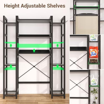 Besiost Over The Toilet Storage, 11 Tier Bathroom Organizer with Dual Side Racks and 2 Fabric Drawers, Adjustable Freestanding Rack Space Saver for Small Spaces, Black