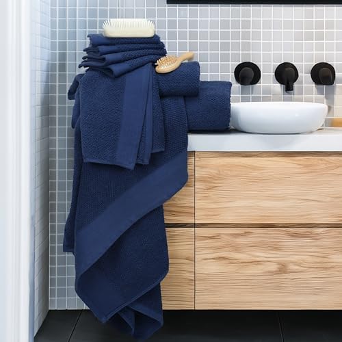 Tens Towels Pack of 8 Popcorn Textured Luxury Towels Set, 2 Extra Large Bath, 2 Hand, 4 Washcloths, 100% Cotton, Plush Hotel Quality, Super Absorbent, Perfect for Your Bathroom, Navy