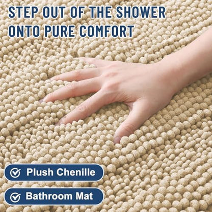 Grandaily Chenille Striped Bathroom Rugs 47x32, Extra Thick and Soft Absorbent Bath Mats, Rubber Backing, Plush Shaggy Shower Carpet, Machine Wash Dry, Bath Rug for Bathroom, Light Beige
