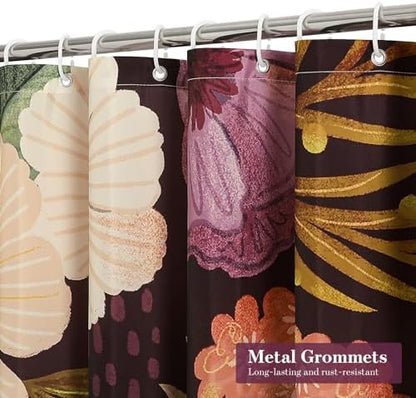 Boho Floral Shower Curtain, Purple Botanical Fabric Curtain, 72 x 84