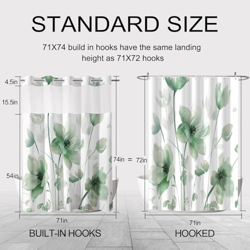 No Hook Shower Curtain and Liner Set, Green Boho Floral 71x77