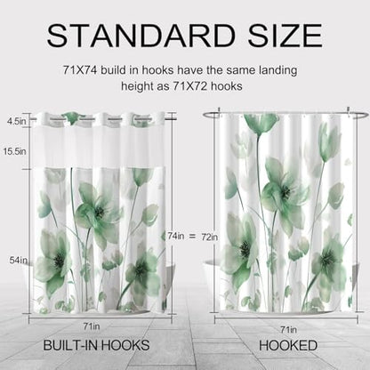 No Hook Shower Curtain and Liner Set, Green Boho Floral 71x77