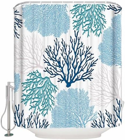 Shower Curtain Bathroom Set Classic Sea Blue Coral Waterproof Shower Curtains with Grommets Hooks Abstract Marine Life Scenery Privacy Bath Curtain for Bathtub Decor 48x72in