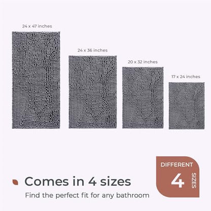 FRESHMINT Large Chenille Bathroom Rugs Mat 36”x24”, Non-Slip Bath Mat for Bathroom Floor & BathTub, Washable Soft Shower Shag Bath Rugs, Durable Fluffy Thick Water Absorbent Microfiber Shower Mat,Gray