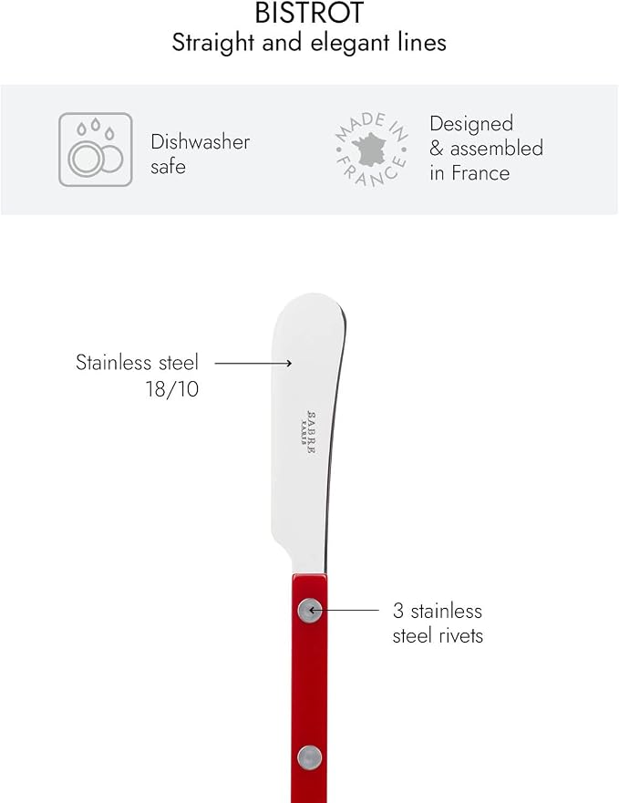 Sabre Paris - Set of 2 Spreader Knives 5.5 inches - Bistrot Collection - Perfect for Butter, Tapenades, Spreads - Stainless Steel & Nylon - Dishwasher Safe - Burgundy - Brilliant Finish