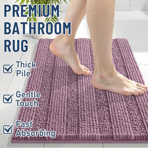 Grandaily Chenille Striped Bathroom Rugs 44x24, Extra Thick and Soft Absorbent Bath Mats, Rubber Backing, Plush Shaggy Shower Carpet, Machine Wash Dry, Bath Rug for Bathroom, Deep Plum