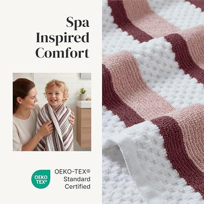 Modern Threads 6 Piece Bath Towel Set – Bathroom Towel Set with 2 Bath Towels, 2 Hand Towels & 2 Washcloths – 100% Cotton, Soft & Absorbent – Wide Stripe (Rose)