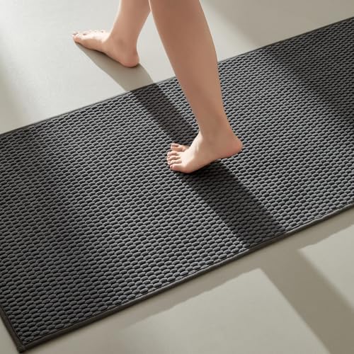 TYUU Bathroom Runner Rugs, Long Bath Mat Runner Washable Thin Quick Dry Low Pile Bathroom Runner Rugs Non Slip, Dark Grey 16"x60"
