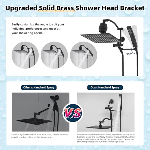 Hibbent All Metal 12'' Filtered Rainfall Shower Head with Handheld Combo, High Pressure Shower Wand, 16'' Adjustable Extension Arm, 20 Stage Shower Filter, 71'' Hose, Shower Holder, Matte Black