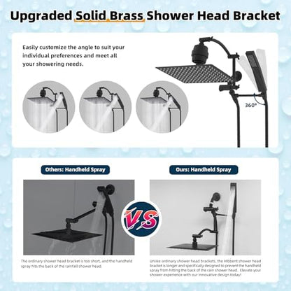 Hibbent All Metal 12'' Filtered Rainfall Shower Head with Handheld Combo, High Pressure Shower Wand, 16'' Adjustable Extension Arm, 20 Stage Shower Filter, 71'' Hose, Shower Holder, Matte Black