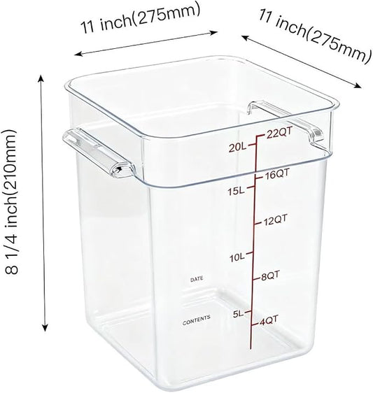 4 Pack Food Storage Containers with Red Lids, 22.0 Qt - Square, Clear, Polycarbonate, for Restaurant Commercial Kitchen and Home party