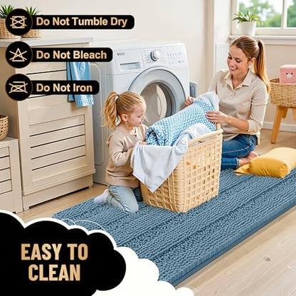 OLANLY Thick Bathroom Runner Rugs 47x20, Soft Chenille Bath Rugs, Airy Blue