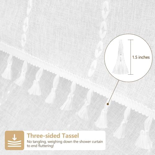 Seenus 72 x 84 inch Extra Long Boho Farmhouse Shower Curtain with Tassels, White Linen Textured Soft Fabric Shower Curtain Heavyweight, Elegant French Country Striped Bathroom Curtain Water Repellent