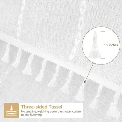Seenus White Boho Fabric Shower Curtain with Tassels, Linen Textured French Country Shower Curtain Heavy Duty, 72 x 72 Inch Elegant Luxury Water Repellent Shower Curtains for Bathroom
