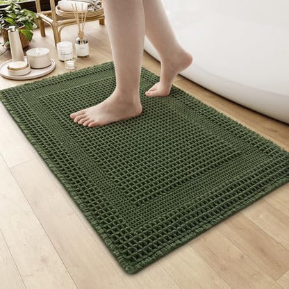 AMOAMI Waffle Bath Mat, Absorbent Bathroom Rugs Non Slip 17x24 Dark Green