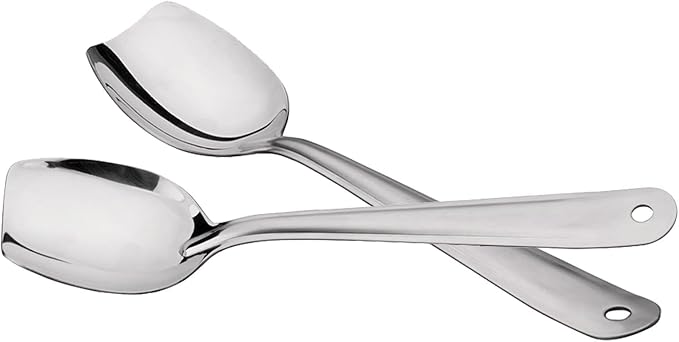 IMEEA 10-Inch Flat Bottom Solid Cooking Spoon Set of 2, 18/8 Stainless Steel Scraping Spoon for Stirring, Roux, Sauces, Cast Iron & Skillet Cooking