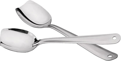 IMEEA 10-Inch Flat Bottom Solid Cooking Spoon Set of 2, 18/8 Stainless Steel Scraping Spoon for Stirring, Roux, Sauces, Cast Iron & Skillet Cooking