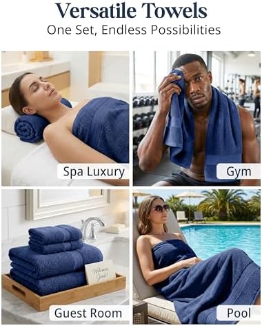 LANE LINEN Bath Towel Set Absorbent Quick Dry 100% Cotton 6 Piece - Navy