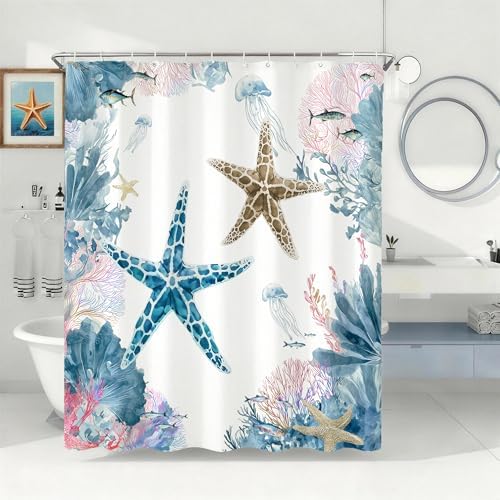 Colorful Beach Shower Curtain for Bathroom, Ocean Coastal Theme, 72x72 In