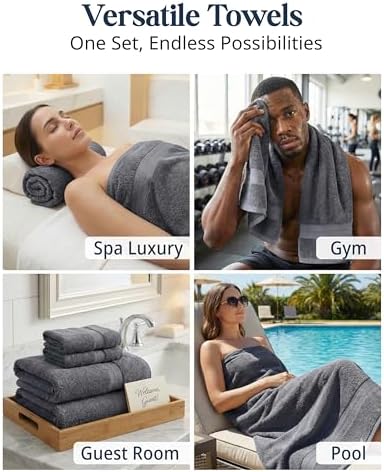 LANE LINEN 100% Cotton Bath Towels Set - 24 PCs - Durable, Quick Dry, Super Soft & Highly Absorbent - 4 Bath, 4 Fingertip, 6 Hand Towels, 8 Washcloths, 2 Bath Sheets - Perfect Family Set - Cool Grey
