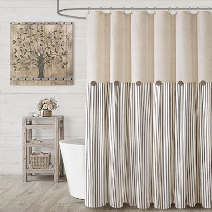 Farmhouse Shower Curtain Linen Beige Button Brown Stripe 72"W x 72"L