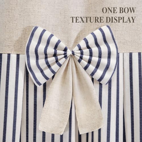 Farmhouse Shower Curtain Linen Bow Pleated Blue Stripe 72"W x 72"L