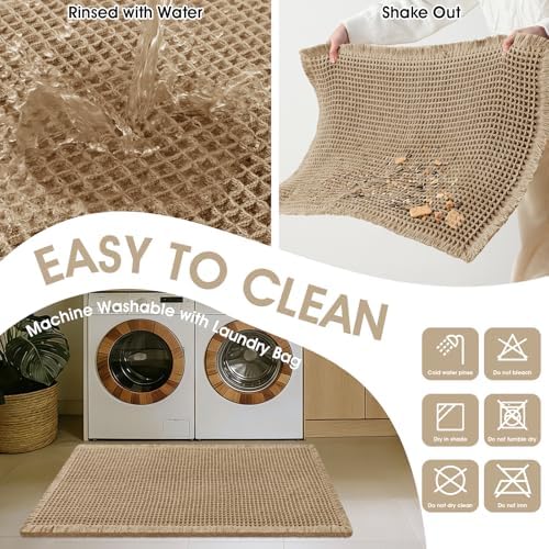 Waffle Bath Mat, Boho Woven Modern Bath Rug Absorbent Non Slip, Ultra Soft Bathroom Mats, Machine Washable Knit Bath Rugs with Triangle Border for Bathroom, Bedroom, Kitchen, 36"x24", Beige & White