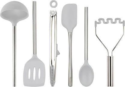 Tovolo Silicone Cooking Utensil Set of 6 Stainless Steel Handle Ladle Slotted Turner Tongs Flex Core Spatula Scraper Mixing Spoon & Potato Masher, Dishwasher Safe BPA Free Utensils, Oyster Gray