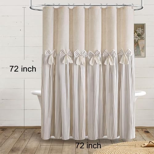 Farmhouse Shower Curtain Linen Bow Pleated Brown Stripe 72"W x 72"L