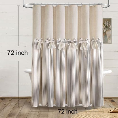 Farmhouse Shower Curtain Linen Bow Pleated Brown Stripe 72"W x 72"L