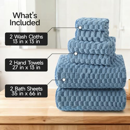 REDKISS Blue Microfiber Towels Set 6 Pack - 35x70 Inches Oversized Bath Sheets, Extra Large Bath Towels, Super Soft Quick Dry Lint Free Absorbent Waffle Microfiber Shower Towels